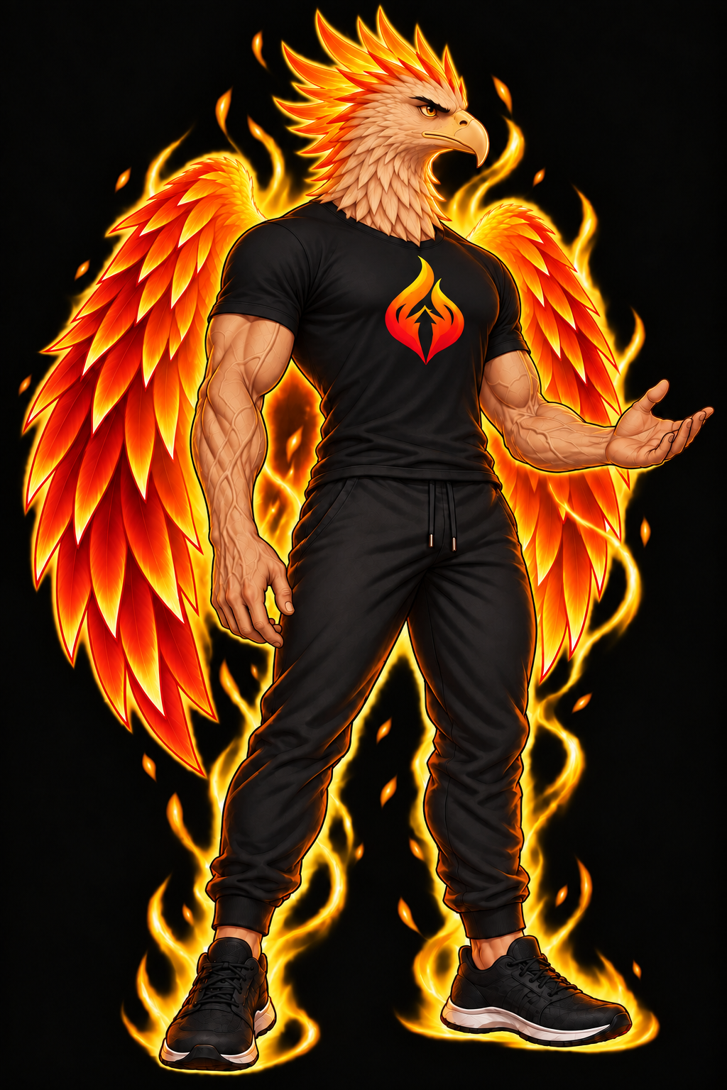 Personagem oficial do Modo Flama: águia humanoide com aura de fogo